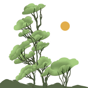 Calm and relaxing scene, bonsai, nature, Asian style, moonlight, digital illustration