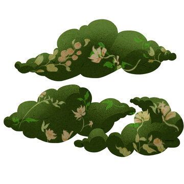 Decorative clouds, flowers, romantic and Asian style, digital illustration