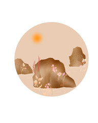 Oriental art style, mountains, rock, river, mother nature, plants, natural, texture, Asian style, digital illustration