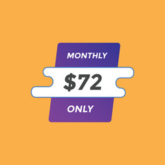 72 dollar price tag. Price $72 USD dollar only Sticker sale promotion Design. shop now button for Business or shopping promotion
