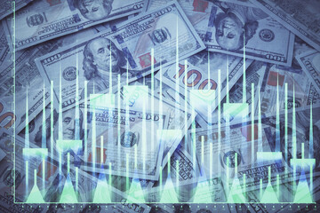 Double exposure of forex graph drawing over us dollars bill background. Concept of financial markets.