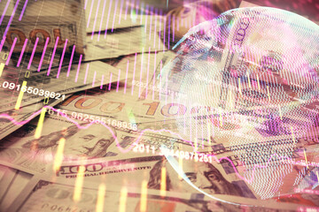 Multi exposure of forex chart drawing over us dollars bill background. Concept of financial success markets.