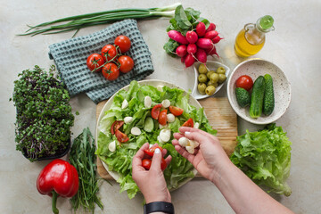 Preparing a vegetable salad with tomato and mozzarella