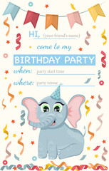 Birthday invitation for kids. Cute elephant and confetti