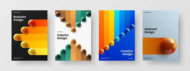 Minimalistic 3D spheres corporate cover illustration set. Simple pamphlet A4 design vector template composition.