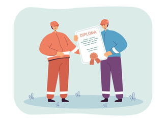 Construction workers holding diploma. Tiny male characters in helmets showing certificate flat vector illustration. Education, occupation concept for banner, website design or landing web page