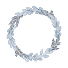 Christmas vector wreath. Winter children illustration. Laurel wreath with blue fir branches and leaves. Perfect for wedding invitations, home decor, print, postcards, baby shower