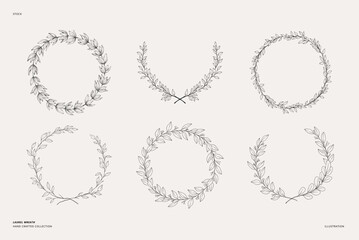 Hand drawn vector set of laurel wreaths. Wreath of gentle branches and leaves. Linear illustration. Botanical Design elements. Perfect for wedding invitations, greeting cards, prints, posters, logo - 533957806