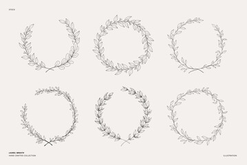 Hand drawn vector set of laurel wreaths. Wreath of gentle branches and leaves. Linear illustration. Botanical Design elements. Perfect for wedding invitations, greeting cards, prints, posters, logo