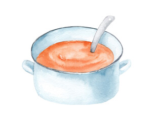 Pot with soup. Watercolor hand drawn illustration isolated on white background