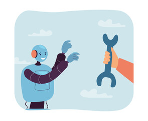 Hand of engineer holding out wrench to robot. Engineering and support of AI by person flat vector illustration. Artificial intelligence, hardware concept for banner, website design or landing web page