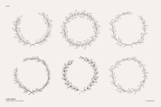 Hand drawn vector set of laurel wreaths. Wreath of gentle branches and leaves. Linear illustration. Botanical Design elements. Perfect for wedding invitations, greeting cards, prints, posters, logo