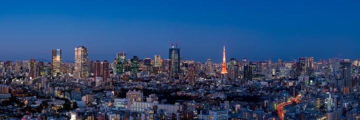 Magic hour cityscape of Tokyo central area.