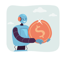 Trading tiny robot holding dollar coin. Automation of currency exchange using online bots flat vector illustration. Automatic program, finance concept for banner, website design or landing web page