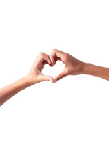 Kids hand making a heart shape sign on a white background
