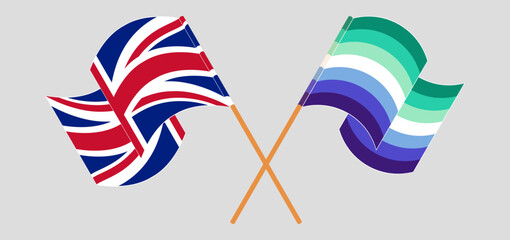 Crossed and waving flags of United Kingdom and gay men pride