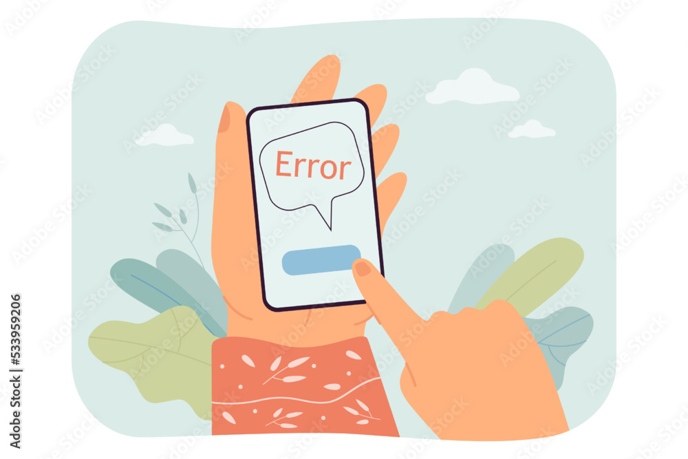 Aufkleber female hands holding phone with alert error message on screen. push notification in smartphone of wo