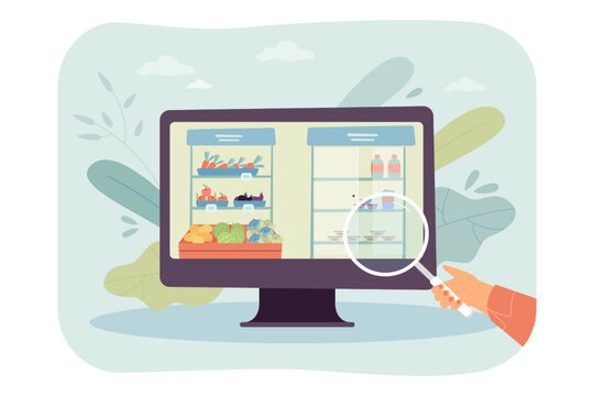 Online food search on computer screen by customer. Hand of person holding magnifying glass flat vector illustration. Grocery store, order concept for banner, website design or landing web page