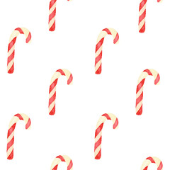 Watercolor Christmas seamless pattern with Candy Canes. Pattern with Striped Red Lollipops. Illustration For Winter Holidays. Design for packaging and textiles.