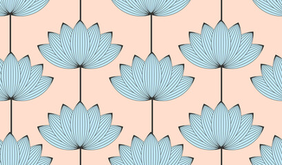 Fototapeta na wymiar asian style lotus flower seamless pattern in blue on ivory