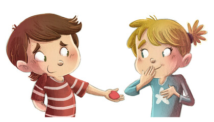 Illustration of children in love giving a heart