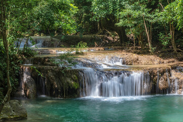 Landscape view of Erawan waterfall kanchanaburi thailand.Erawan National Park is home to one of the most popular falls in the thailand.