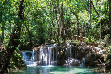 Landscape view of Erawan waterfall kanchanaburi thailand.Erawan National Park is home to one of the most popular falls in the thailand.fifth level of Erawan waterfall “Buea Mai Long”