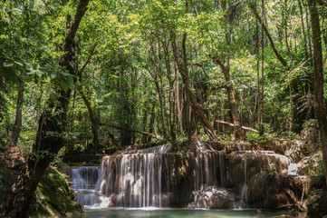 Landscape view of Erawan waterfall kanchanaburi thailand.Erawan National Park is home to one of the most popular falls in the thailand.fifth level of Erawan waterfall “Buea Mai Long”
