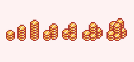 Golden coins pixel art set. Medals, treasure reward, stack of money collection. 8-bit sprite. Game development, mobile app. Isolated vector illustration.