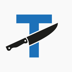 Knife Logo On Letter T Concept For Restaurant and Kitchen Symbol Logotype