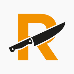 Knife Logo On Letter R Concept For Restaurant and Kitchen Symbol Logotype