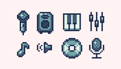 Music, audio pixel art set. Loudspeaker, microphone, cd and piano collection. Broadcast icons. 8 bit sprite. Game development, mobile app.  Isolated vector illustration.