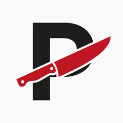 Knife Logo On Letter P Concept For Restaurant and Kitchen Symbol Logotype