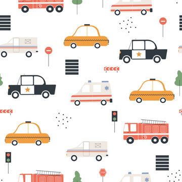 Cartoon seamless pattern of urban transport. Cute vector fire truck, ambulance, police car, taxi and mail truck. Toy cars with a flashing siren. Hand drawn vehicles.