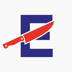 Knife Logo On Letter E Concept For Restaurant and Kitchen Symbol Logotype