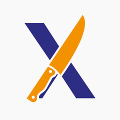 Knife Logo On Letter X Concept For Restaurant and Kitchen Symbol Logotype