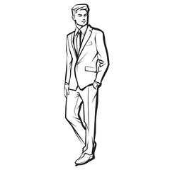 Businessman in suit standing, abstract ink drawing vector silhouette. Male fashion model