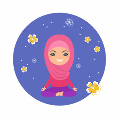 Obraz na płótnie Canvas Cute muslim chibi girl doing yoga. Happy childhood concept. Cartoon flat style