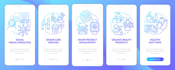 In demand small business ideas blue gradient onboarding mobile app screen. Walkthrough 5 steps graphic instructions with linear concepts. UI, UX, GUI template. Myriad Pro-Bold, Regular fonts used