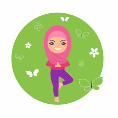 Cute muslim chibi girl doing yoga. Happy childhood concept. Cartoon flat style
