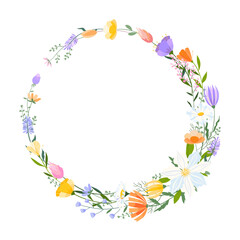 Vector floral wreath illustration. Set of leaves, wildflowers, twigs, floral arrangements. Beautiful compositions of field grass and bright spring flowers.