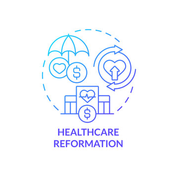 Healthcare Reformation Blue Gradient Concept Icon. Medical Service Expenditures. Business Trend Abstract Idea Thin Line Illustration. Isolated Outline Drawing. Myriad Pro-Bold Font Used