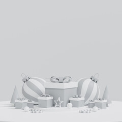 Merry Christmas and happy new year banner design, poster and cover design background. Christmas studio table room product display with copy space. 3D illustration