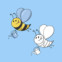 A set of images, A cute bee with a small watering can, a bee watering plants, vector cartoon