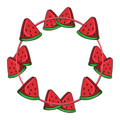 Round bright frame, juicy red pieces of watermelon, copy space, vector cartoon
