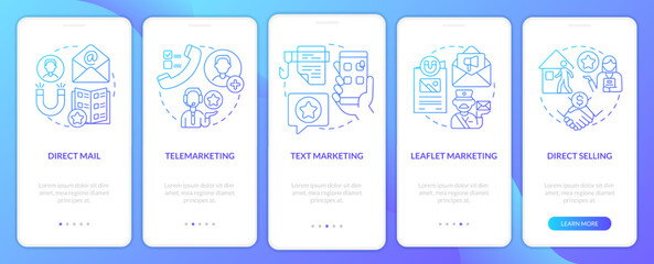 Types of direct marketing blue gradient onboarding mobile app screen. Walkthrough 5 steps graphic instructions with linear concepts. UI, UX, GUI template. Myriad Pro-Bold, Regular fonts used
