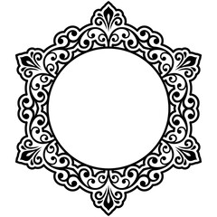 Oriental round frame with black arabesques and floral elements. Floral black and white border with vintage pattern. Greeting card with place for text