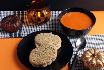 Halloween Lunch: pumpkin soup and pumpkin shaped bologna and cheese sandwiches
