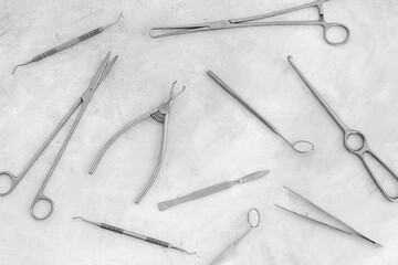 Dental or surgical instruments tools. Medical steel equipment