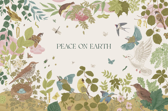 Garden Birds. Peace On Earth. Vector Vintage Illustration.